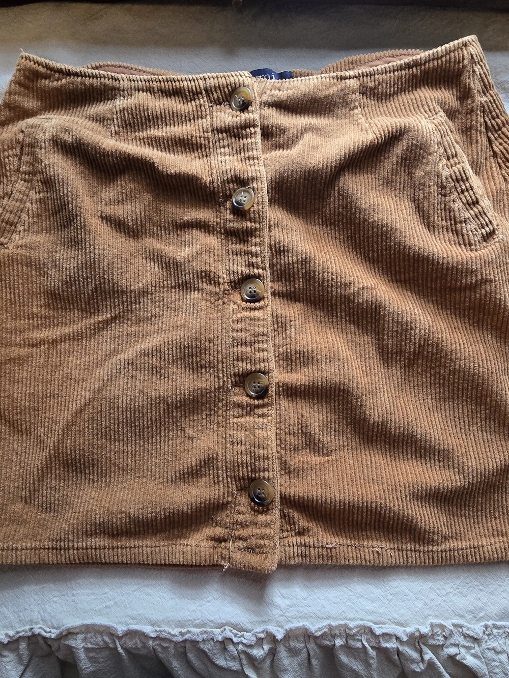 Button-Front Corduroy Mini Skirt in Tan